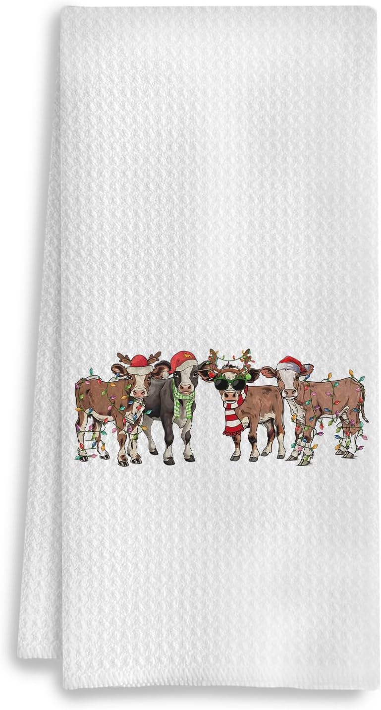 COWEB Cow Christmas Kitchen & Bath Towels, Funny Cow Decorative Hand Towels, Farmhouse Christmas Dish & Tea Towels, 16x24 Inches - Image 1